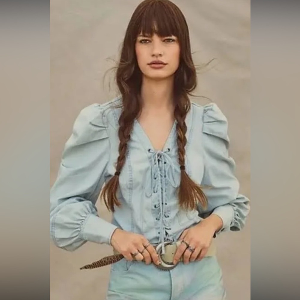 Free people puff sleeve chambray lace up long sleeve shirt size XS